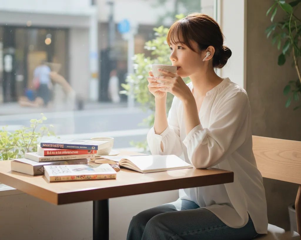 カフェでオーディオブックを聴く女性